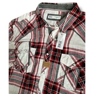 BKE Athletic Fit Mens 2XL Red White Black Plaid Western Pearl Snap Shirt New